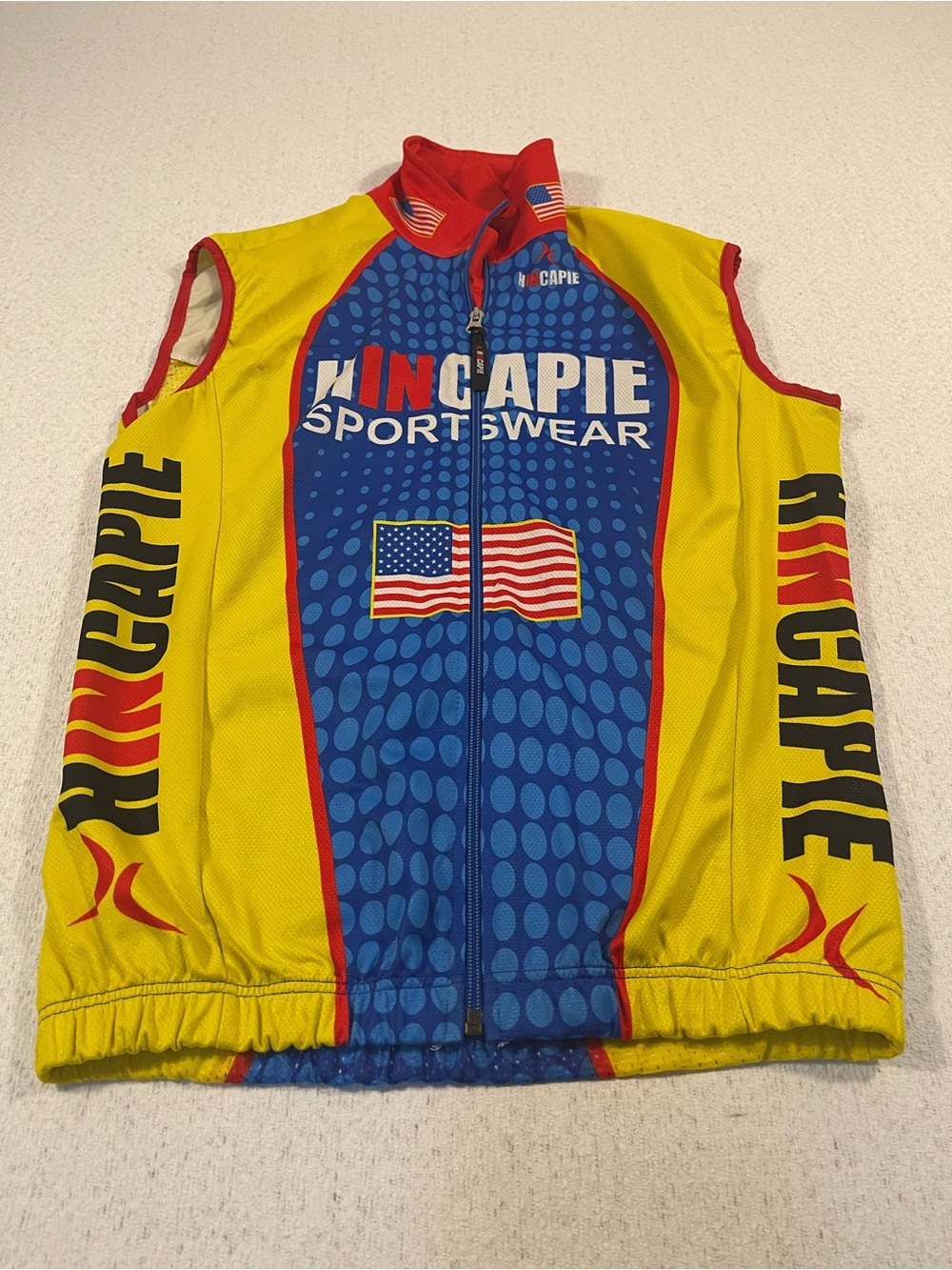 Hincapie Cycling Jersey Full Zip Sleeveless Men's L Yellow/Blue USA Flag.SKU#635